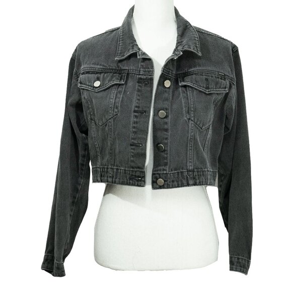 Volcom Crop N Block Denim Jacket Grey Black Boxy Retro 90s Skater Trucker Jacket - Picture 4 of 14